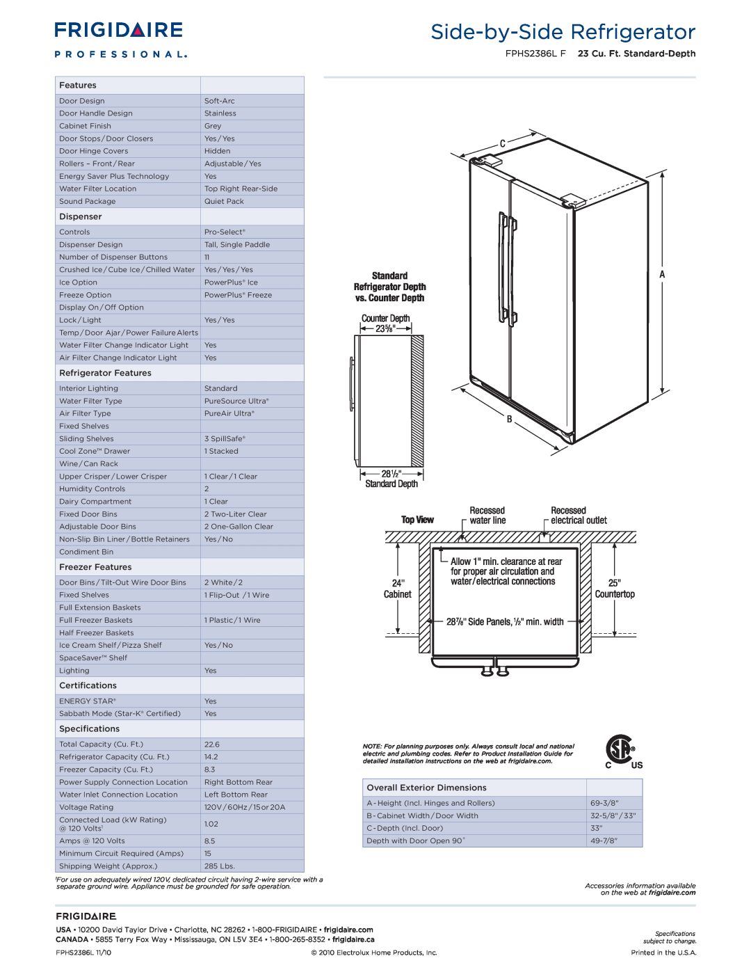 Frigidaire dimensions Side-by-SideRefrigerator, FPHS2386L F 23 Cu. Ft. Standard-Depth 