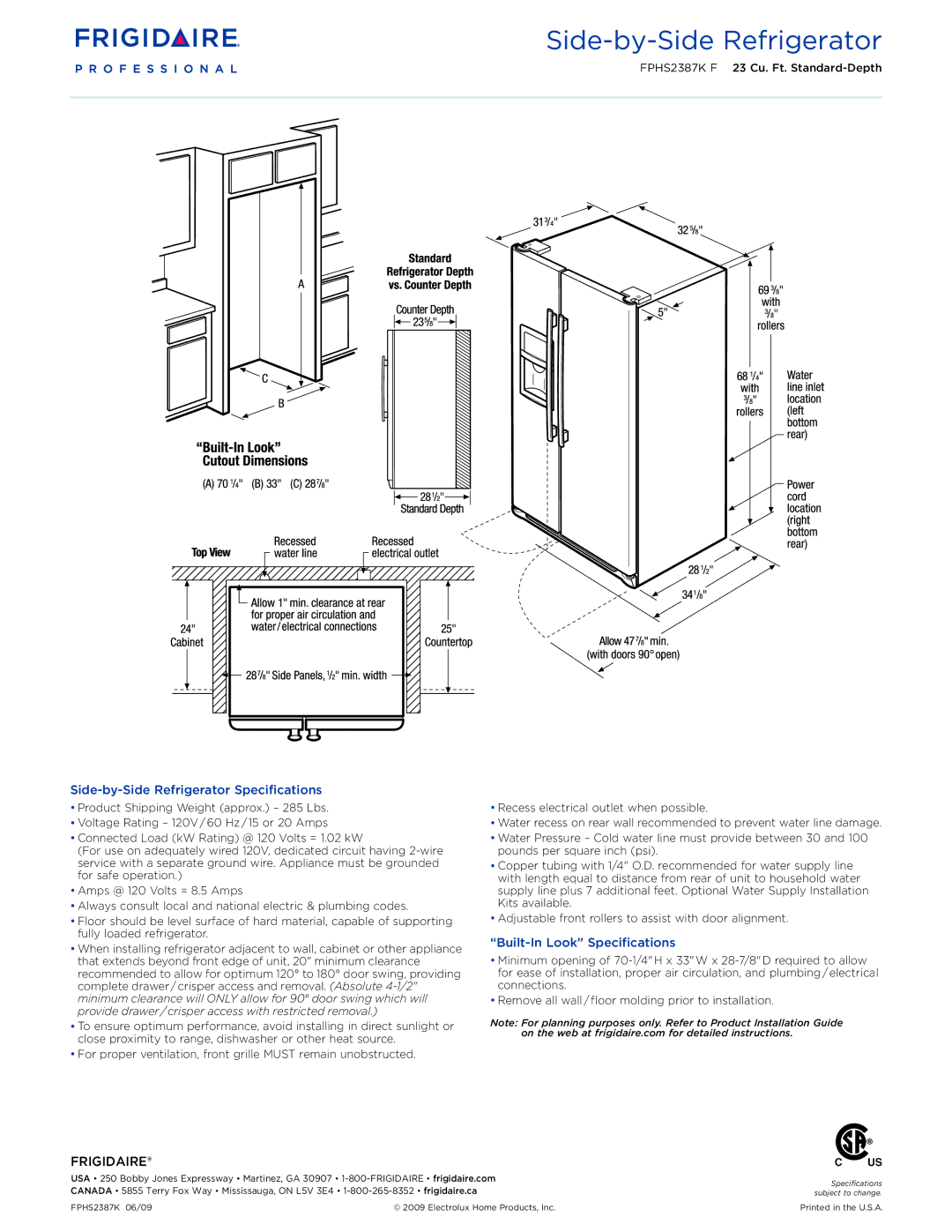 Frigidaire FPHS2387KF dimensions Side-by-Side Refrigerator Specifications, Built-In Look Specifications 