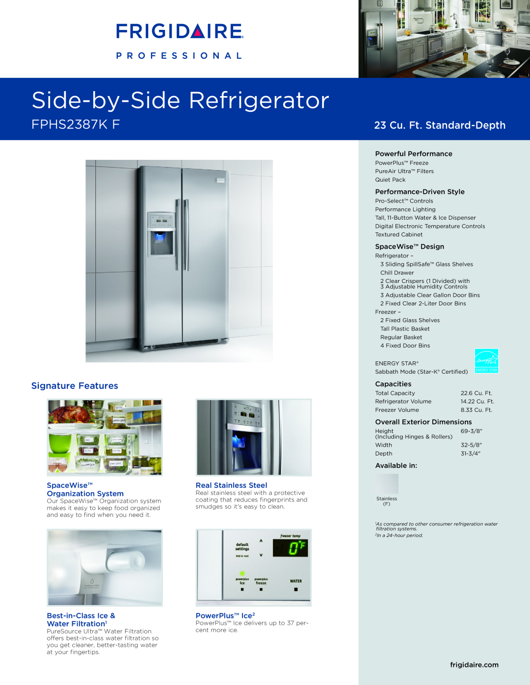 Frigidaire FPHS2387K dimensions SpaceWise, Real Stainless Steel, Organization System, Best-in-ClassIce, PowerPlus Ice2 