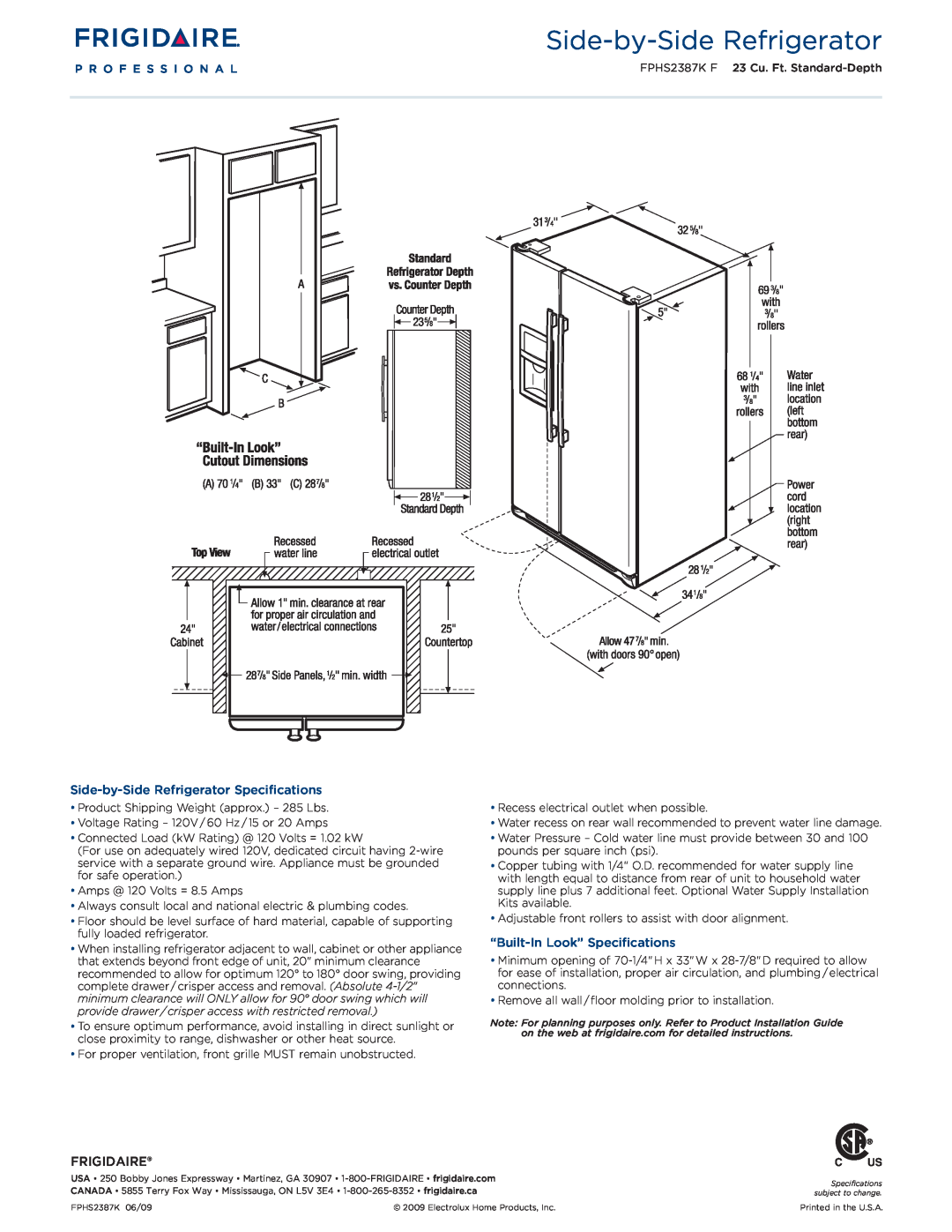 Frigidaire FPHS2387KF dimensions Side-by-SideRefrigerator Specifications, “Built-InLook” Specifications, Frigidaire 