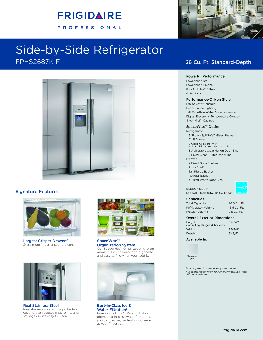 Frigidaire FPHS2687KF dimensions Largest Crisper Drawers SpaceWise, Organization System, Water Filtration 