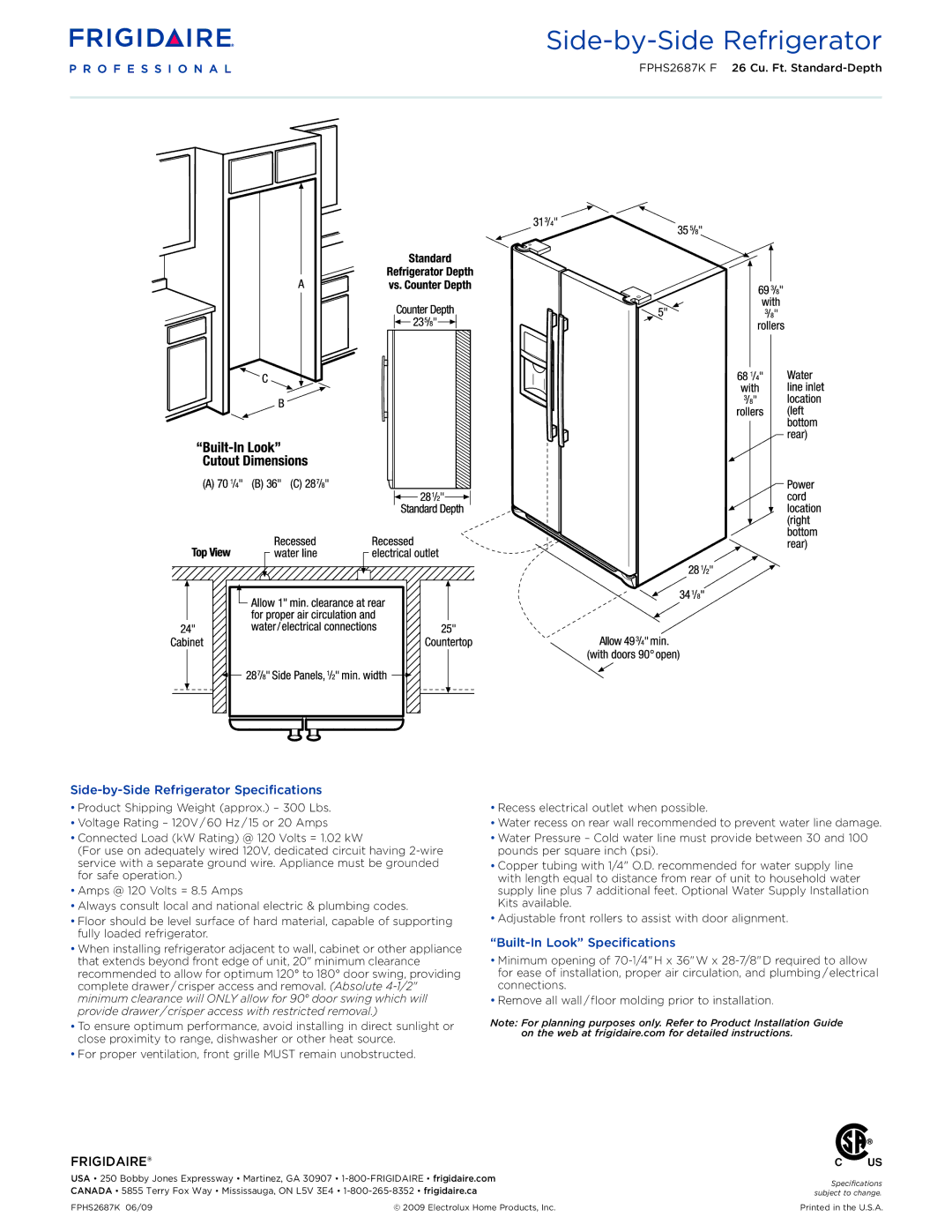 Frigidaire FPHS2687KF dimensions Side-by-Side Refrigerator Specifications, Built-In Look Specifications 