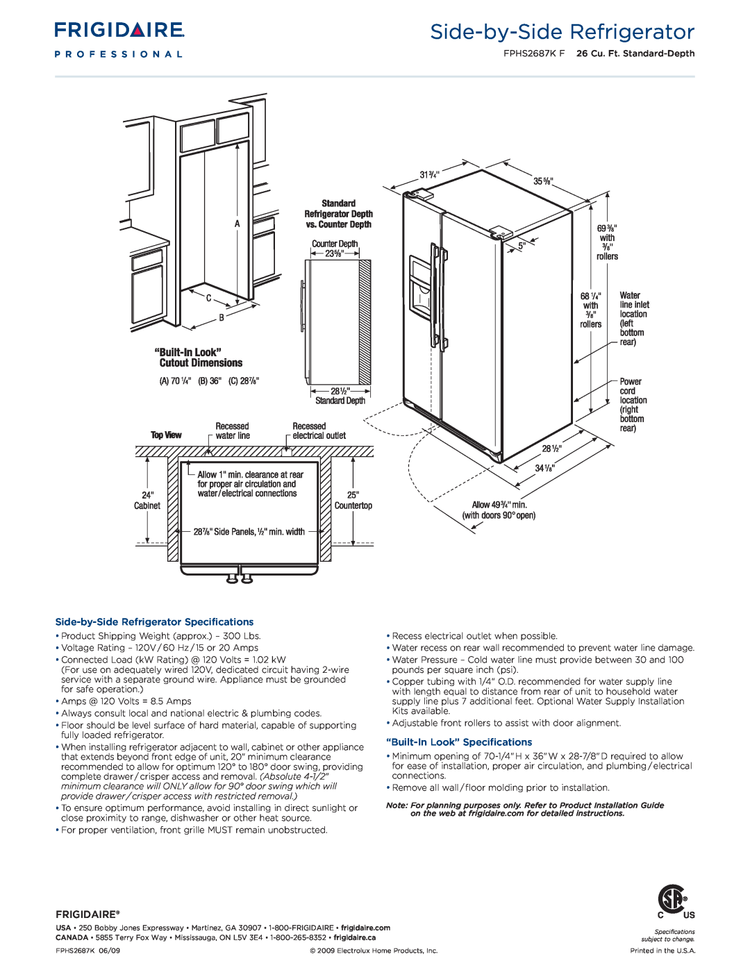 Frigidaire FPHS2687KF dimensions Side-by-SideRefrigerator Specifications, “Built-InLook” Specifications, Frigidaire 