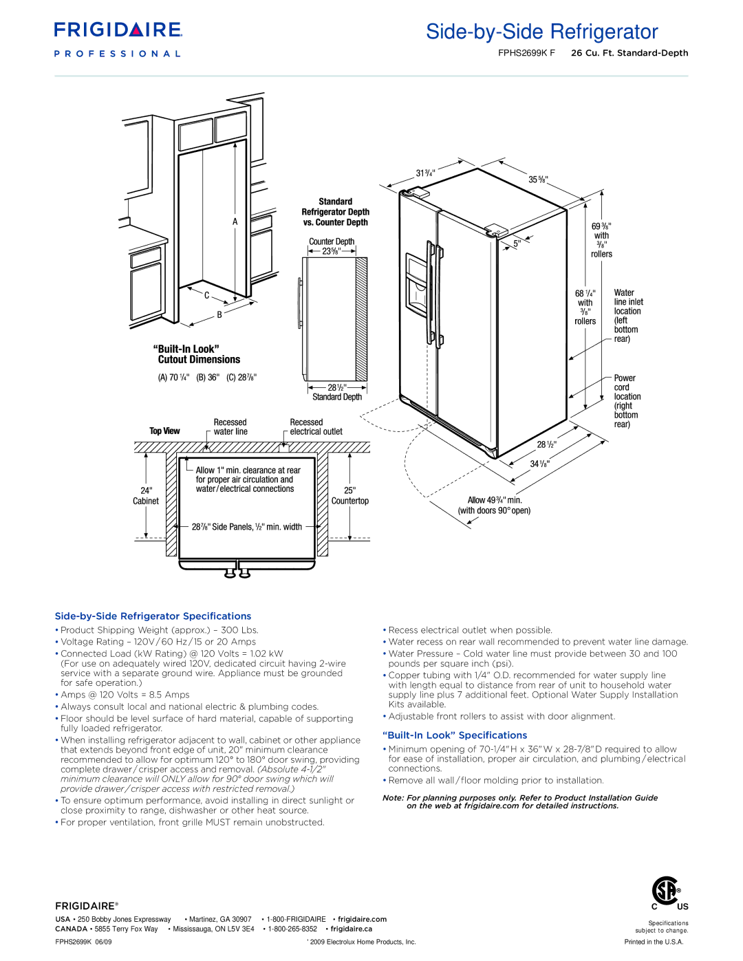 Frigidaire FPHS2699KF dimensions Side-by-Side Refrigerator Specifications, Built-In Look Specifications 