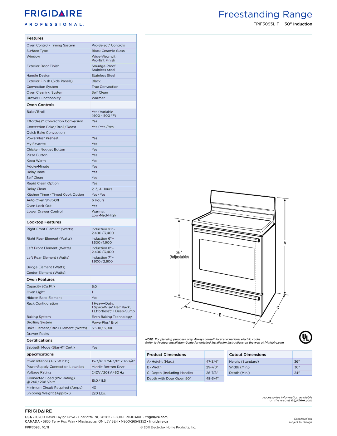 Frigidaire FPIF3093L F dimensions Adjustable, Features 