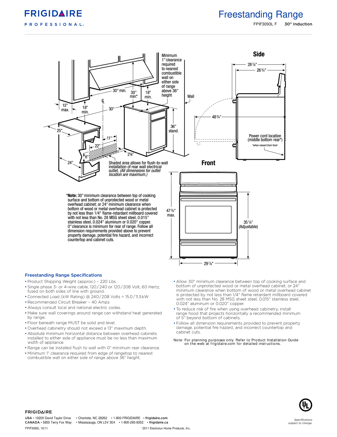 Frigidaire FPIF3093L F dimensions Freestanding Range Specifications 