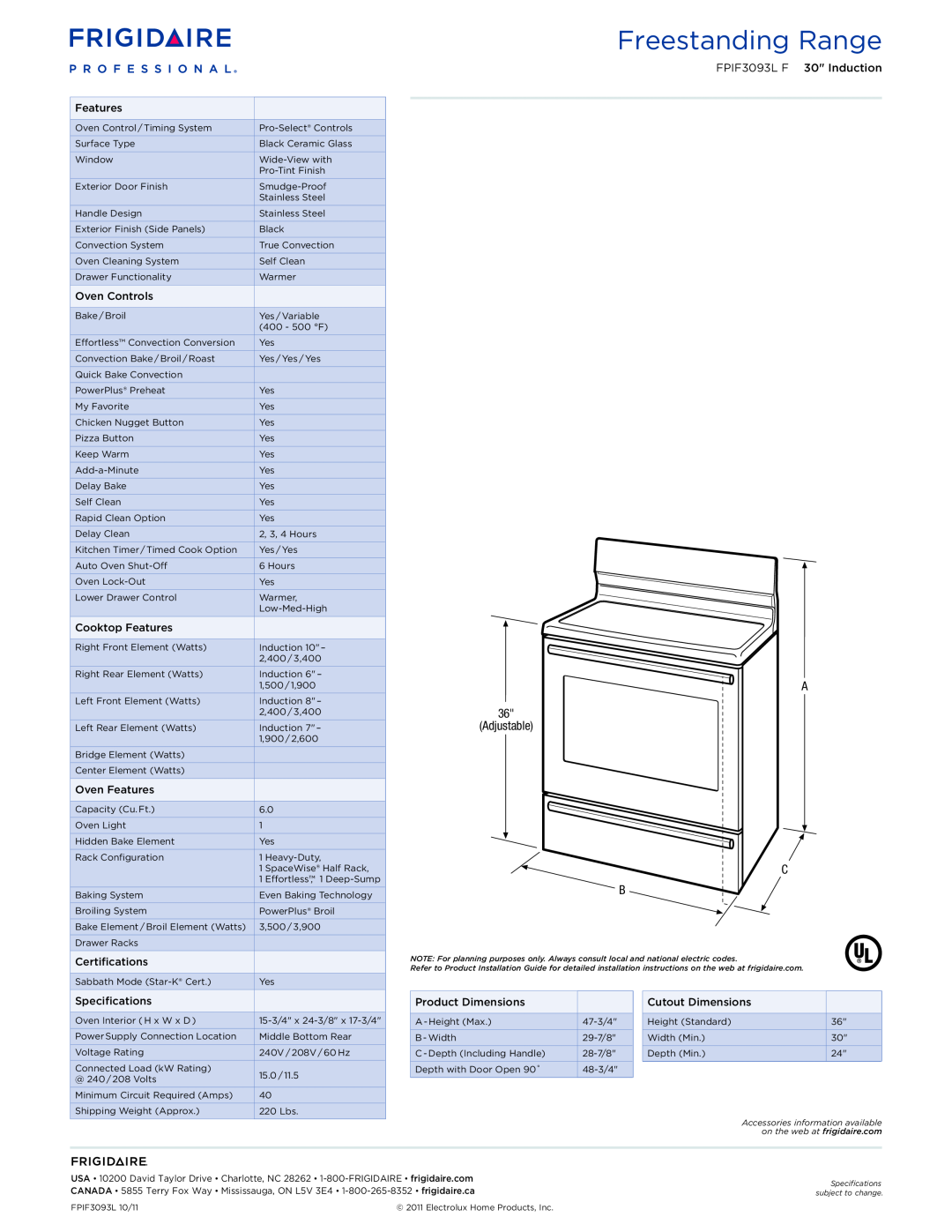 Frigidaire FPIF3093L F dimensions Freestanding Range, A 36 Adjustable C B 