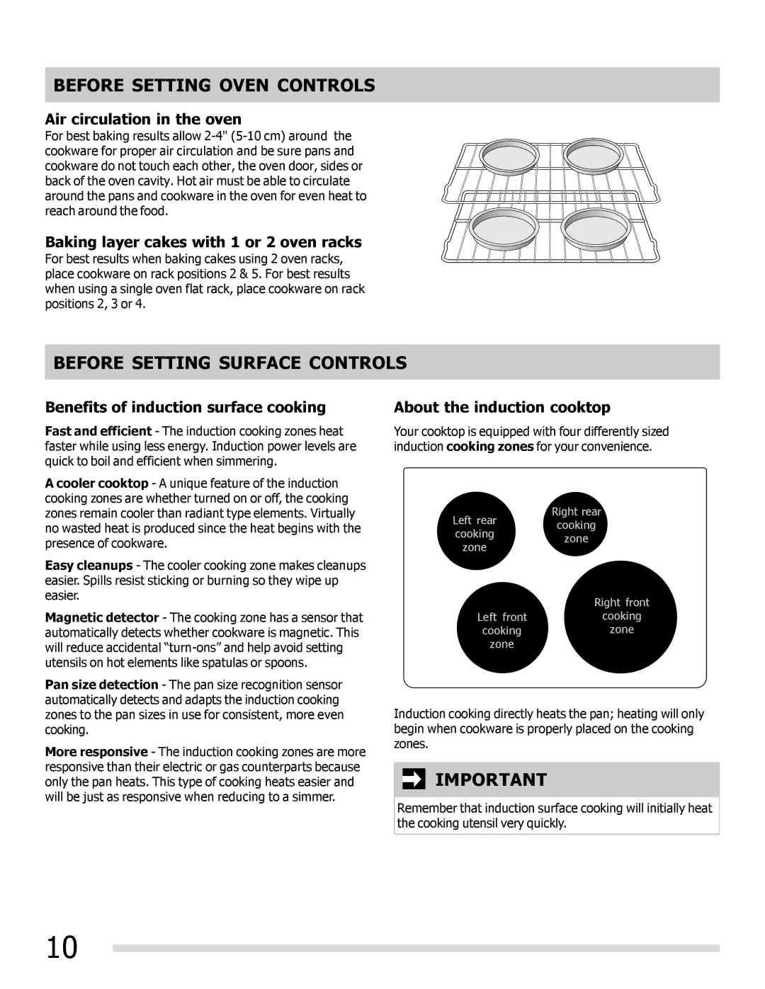 Frigidaire FPIF3093LF Before Setting Surface Controls, Air circulation in the oven, Benefits of induction surface cooking 