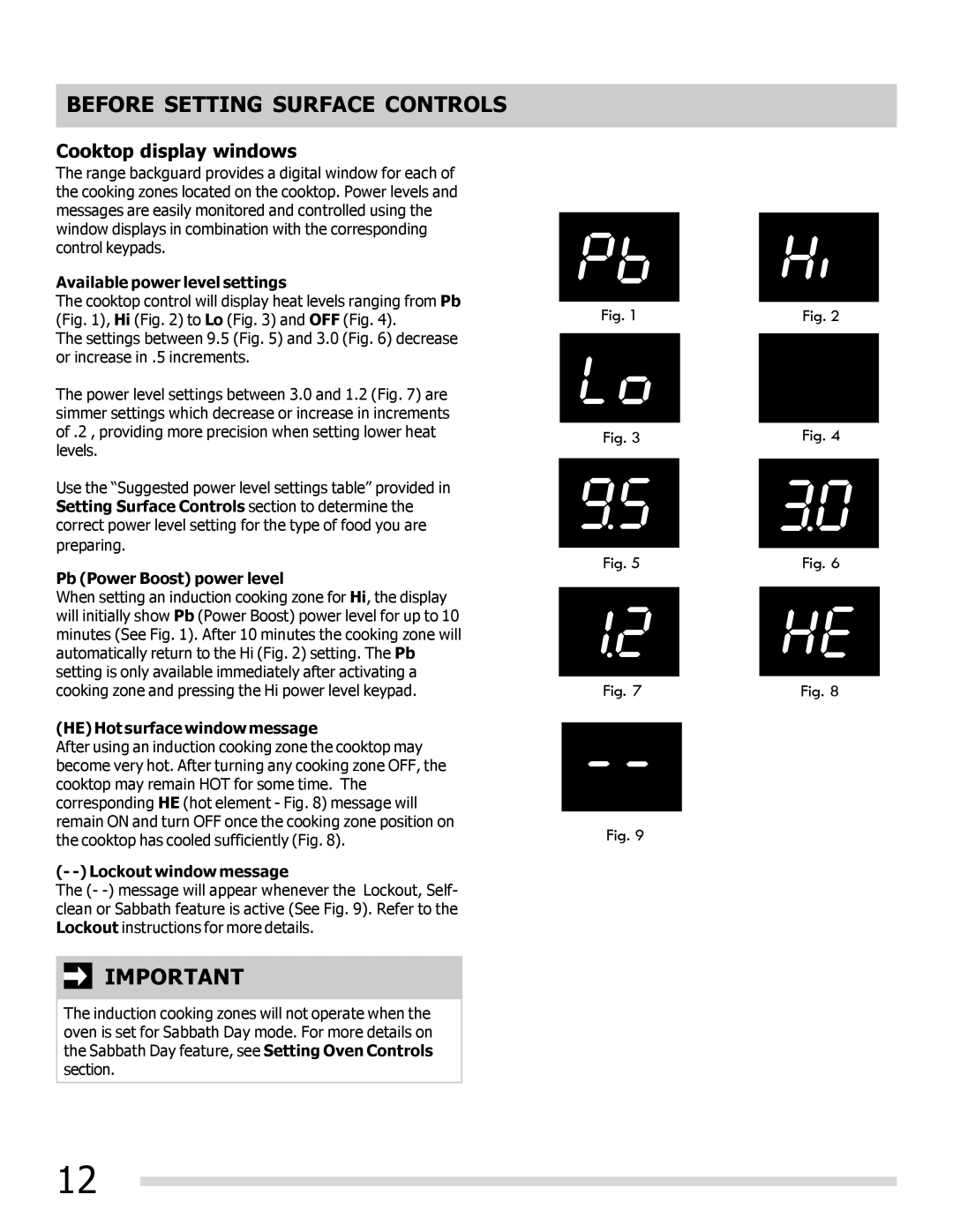 Frigidaire FPIF3093LF Cooktop display windows, Available power level settings, Pb Power Boost power level 