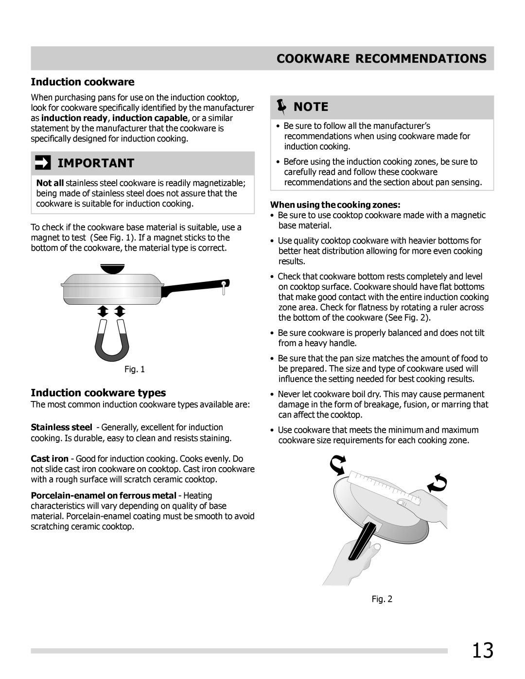 Frigidaire FPIF3093LF Cookware Recommendations, Induction cookware types, When using the cooking zones 