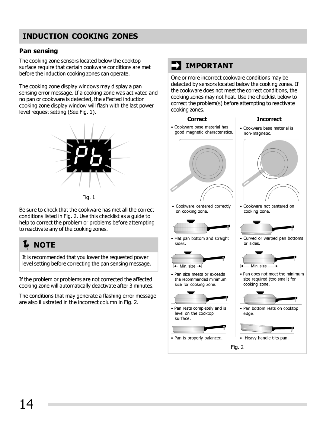 Frigidaire FPIF3093LF important safety instructions Induction Cooking Zones, Pan sensing, Correct, Incorrect 