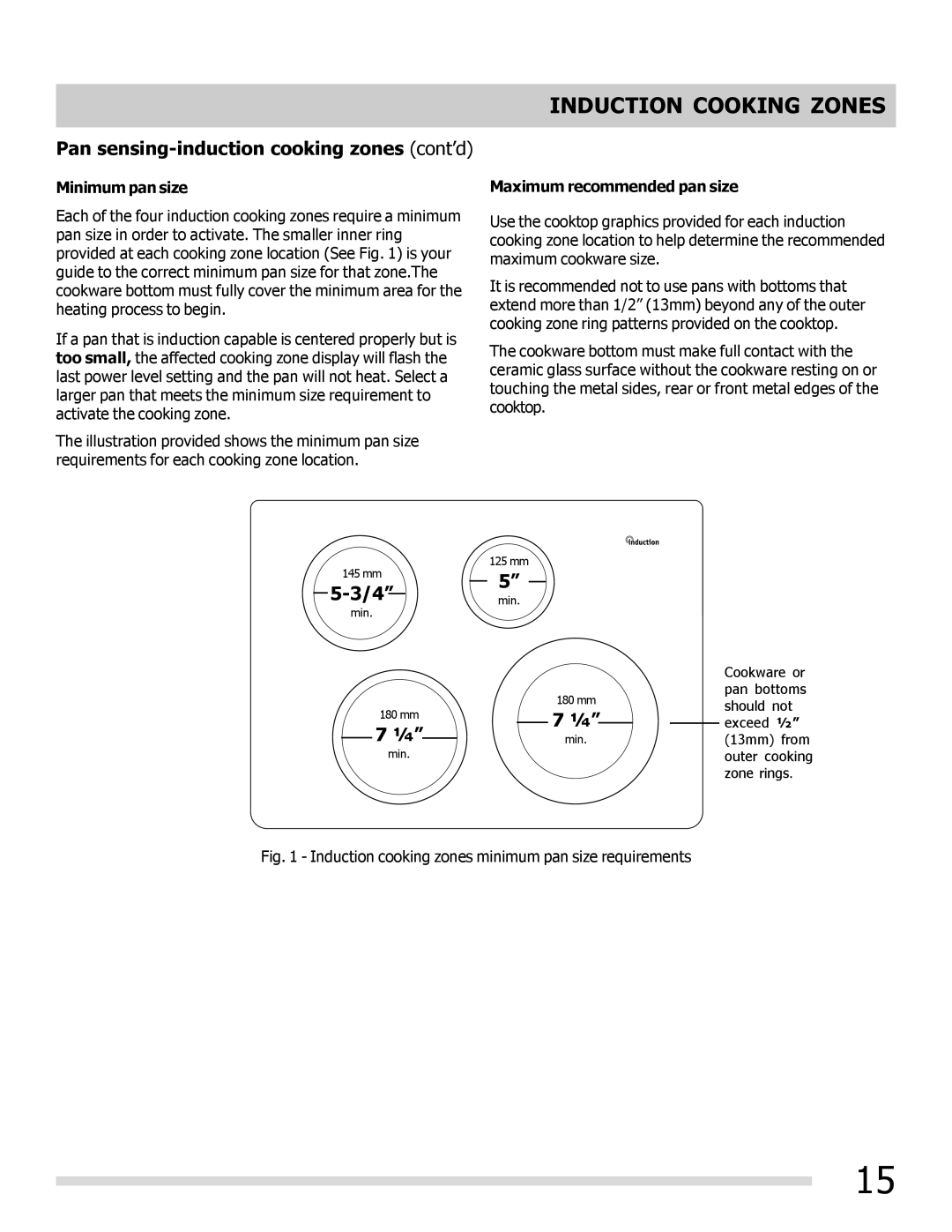 Frigidaire FPIF3093LF Pan sensing-induction cooking zones cont’d, 4 min, Minimum pan size, Maximum recommended pan size 