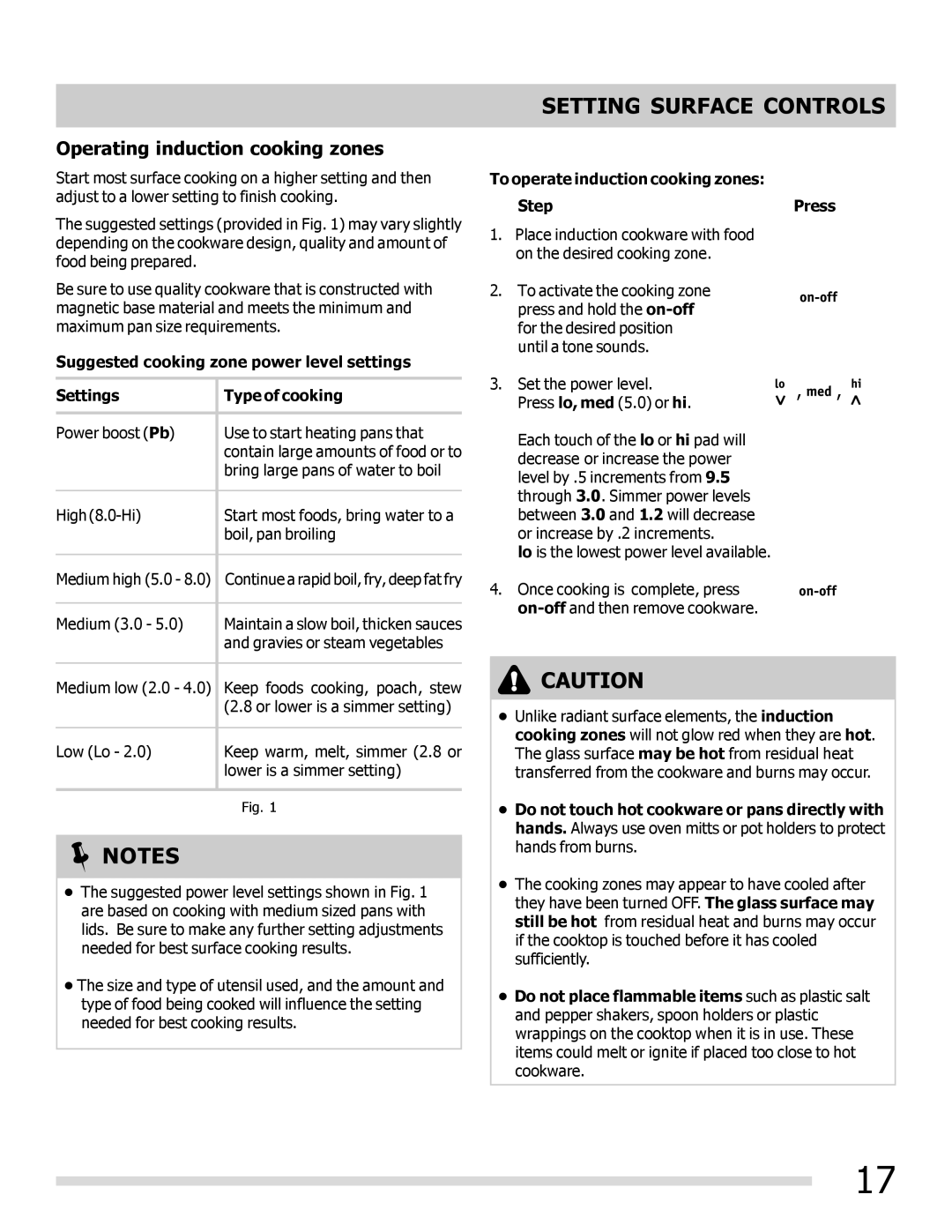 Frigidaire FPIF3093LF important safety instructions Setting Surface Controls, Operating induction cooking zones 