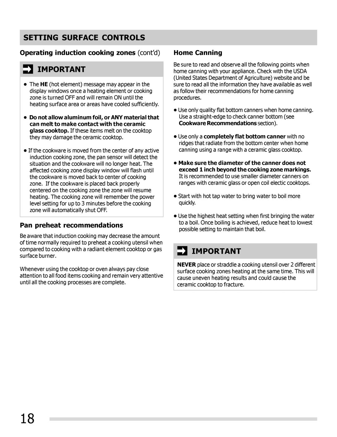 Frigidaire FPIF3093LF Operating induction cooking zones cont’d, Pan preheat recommendations, Home Canning 