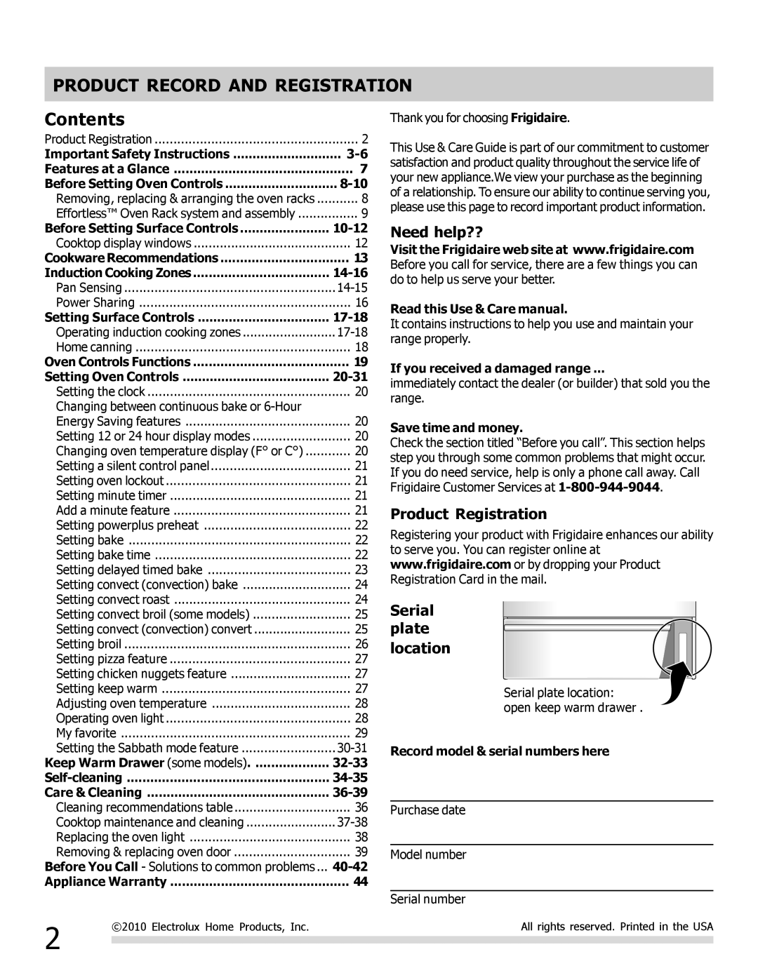 Frigidaire FPIF3093LF important safety instructions Product Record and Registration, Contents 