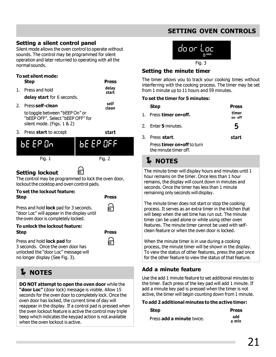 Frigidaire FPIF3093LF Setting a silent control panel, Setting lockout, Setting the minute timer, Add a minute feature 