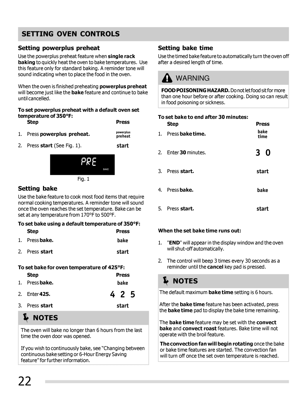 Frigidaire FPIF3093LF Setting powerplus preheat, Setting bake time, When the set bake time runs out 