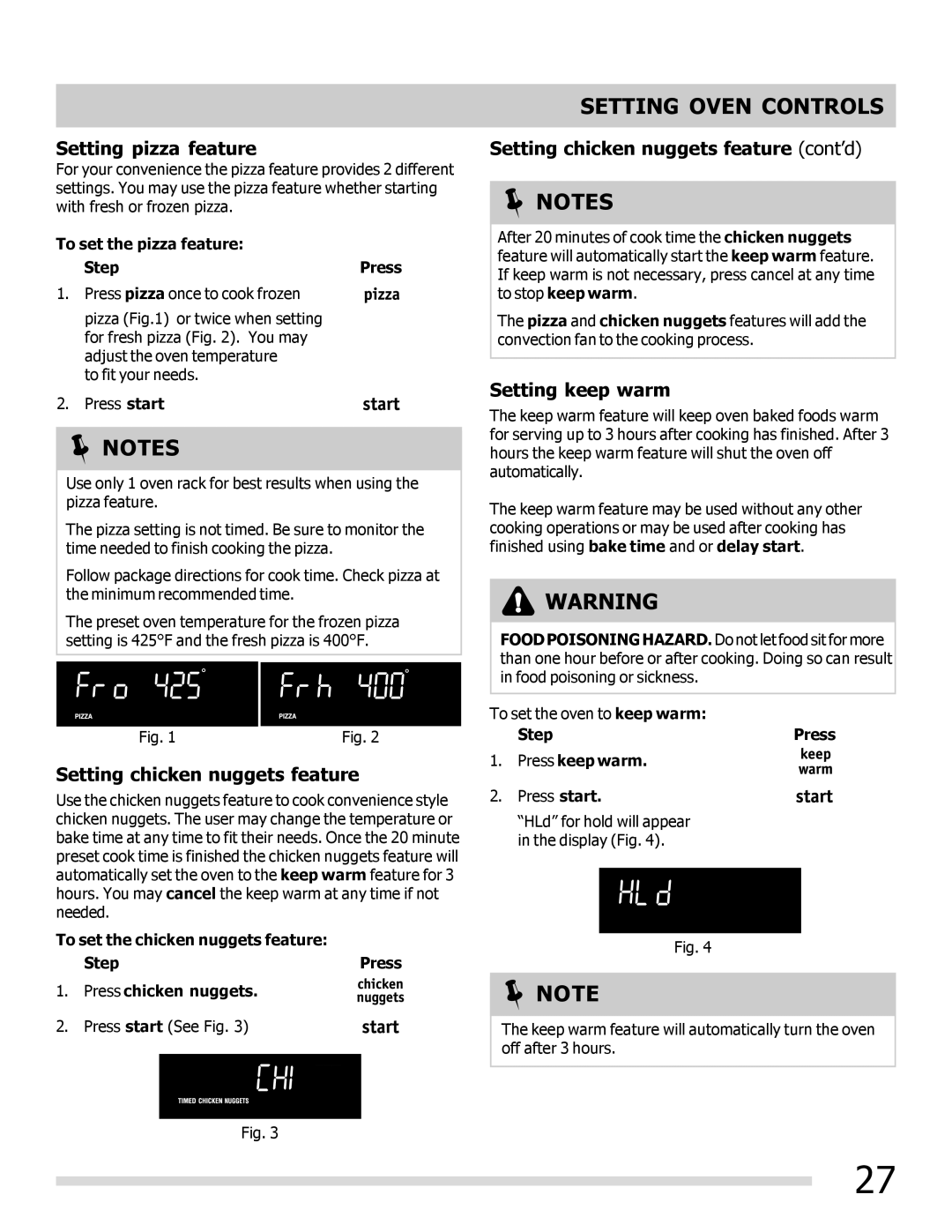 Frigidaire FPIF3093LF Setting pizza feature, Setting chicken nuggets feature cont’d, Setting keep warm 