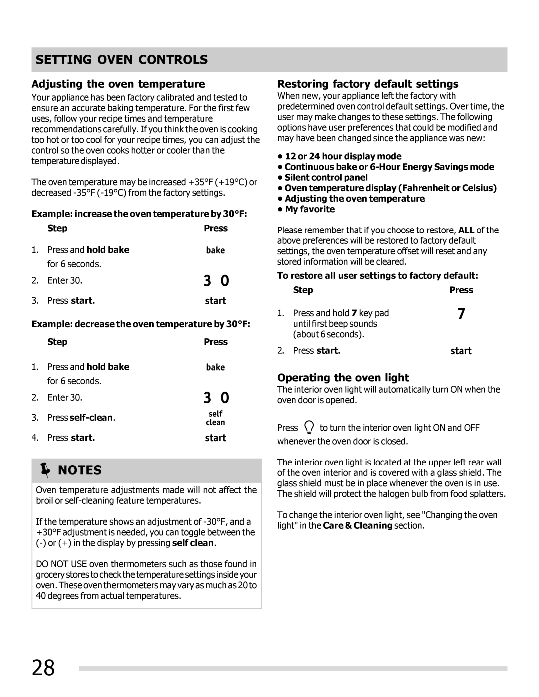 Frigidaire FPIF3093LF Adjusting the oven temperature, Restoring factory default settings, Operating the oven light 