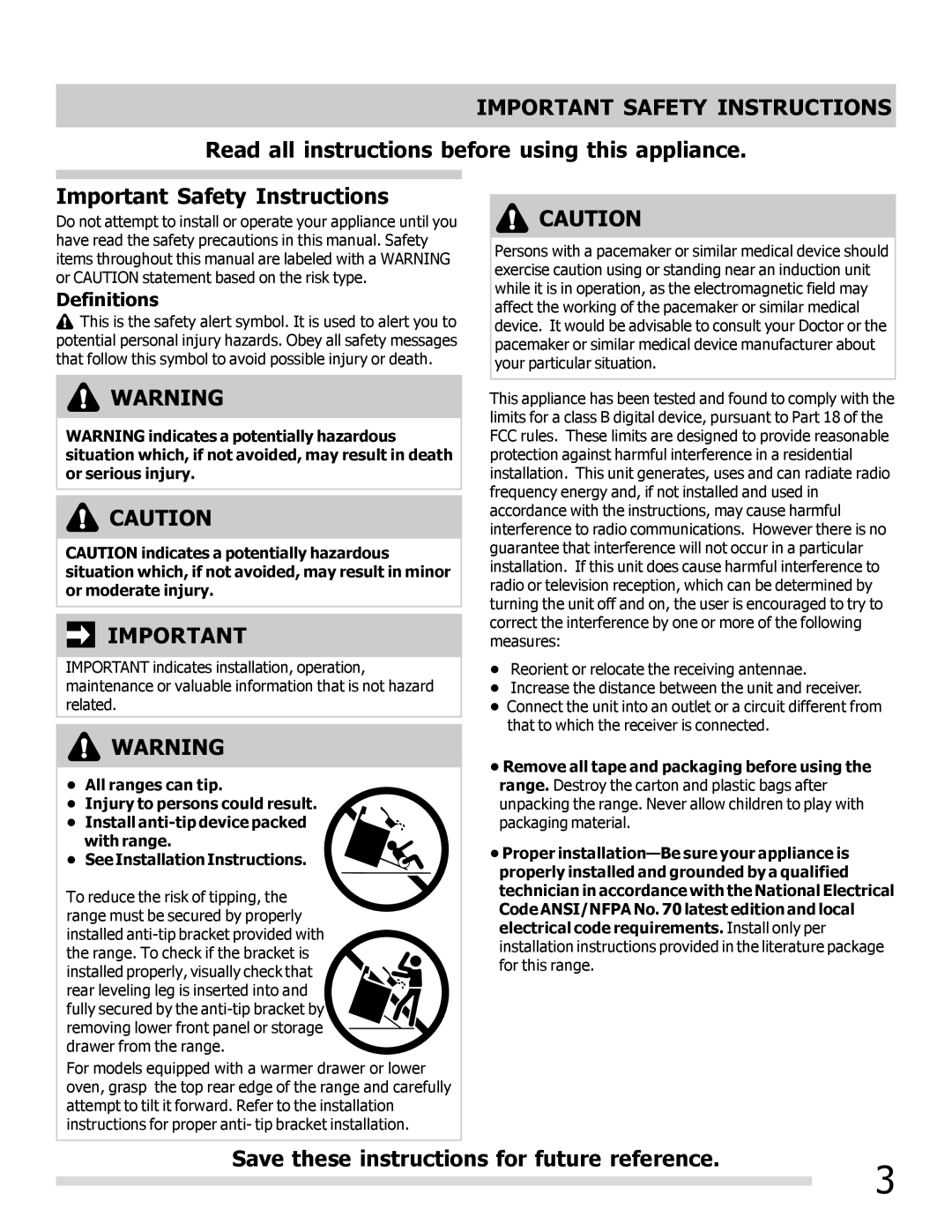 Frigidaire FPIF3093LF important safety instructions Important Safety Instructions, Definitions 