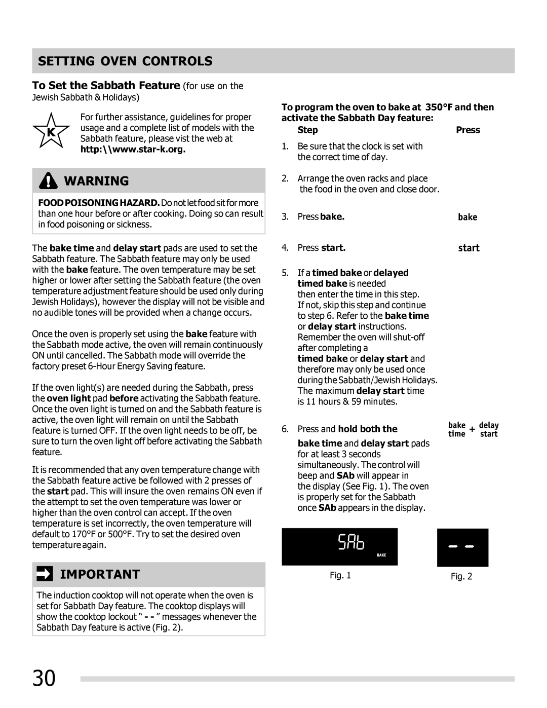 Frigidaire FPIF3093LF To Set the Sabbath Feature for use on, If a timed bake or delayed timed bake is needed 