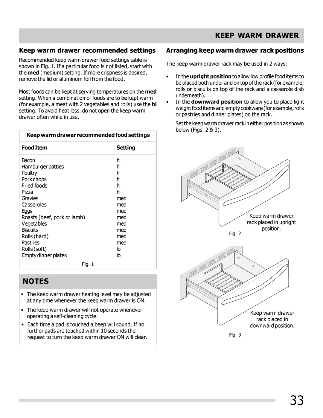 Frigidaire FPIF3093LF Keep warm drawer recommended settings, Arranging keep warm drawer rack positions 