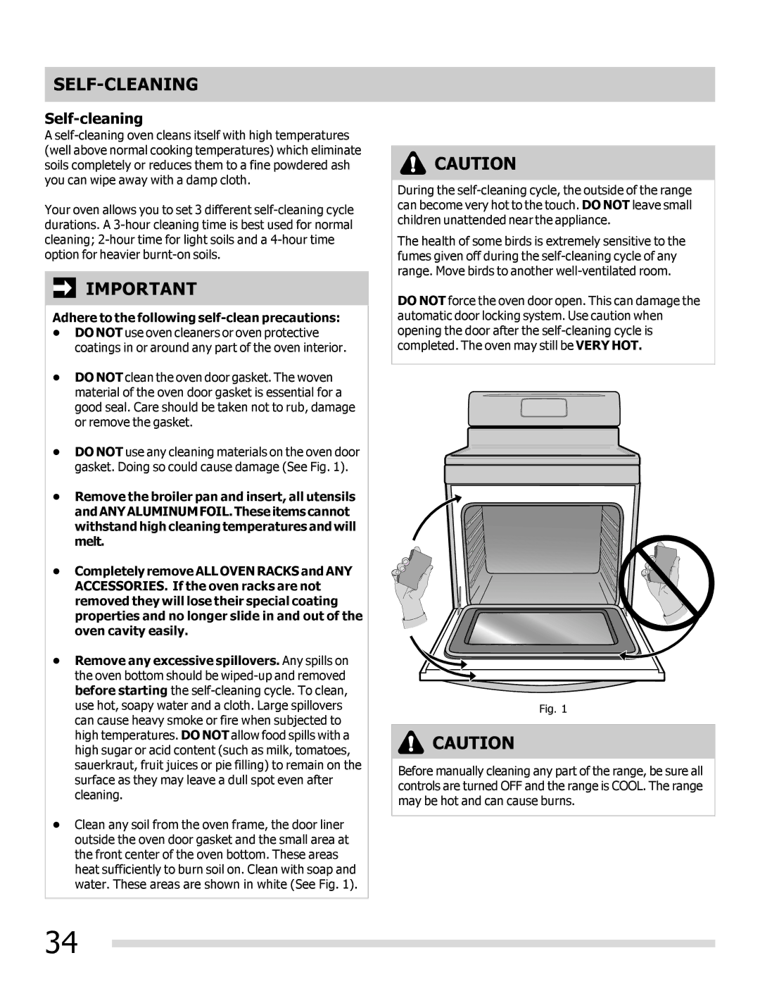 Frigidaire FPIF3093LF Self-Cleaning, Self-cleaning, Adhere to the following self-clean precautions 