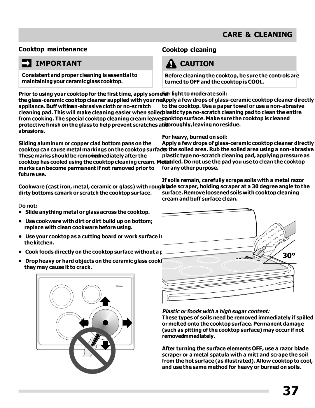 Frigidaire FPIF3093LF Cooktop maintenance, Cooktop cleaning, Do not, For light to moderate soil, For heavy, burned on soil 