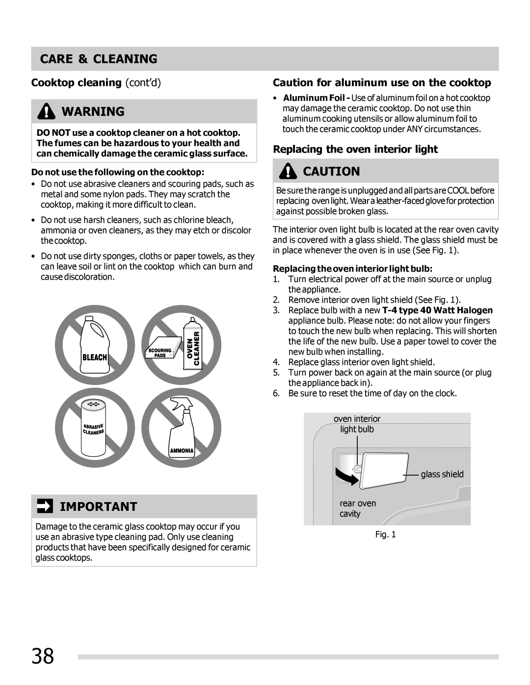 Frigidaire FPIF3093LF important safety instructions Cooktop cleaning cont’d, Replacing the oven interior light bulb 