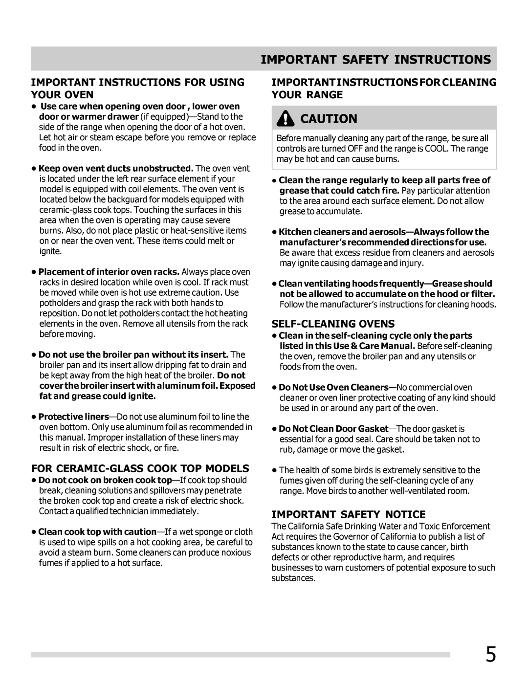 Frigidaire FPIF3093LF important safety instructions Important Instructions for Using Your Oven 