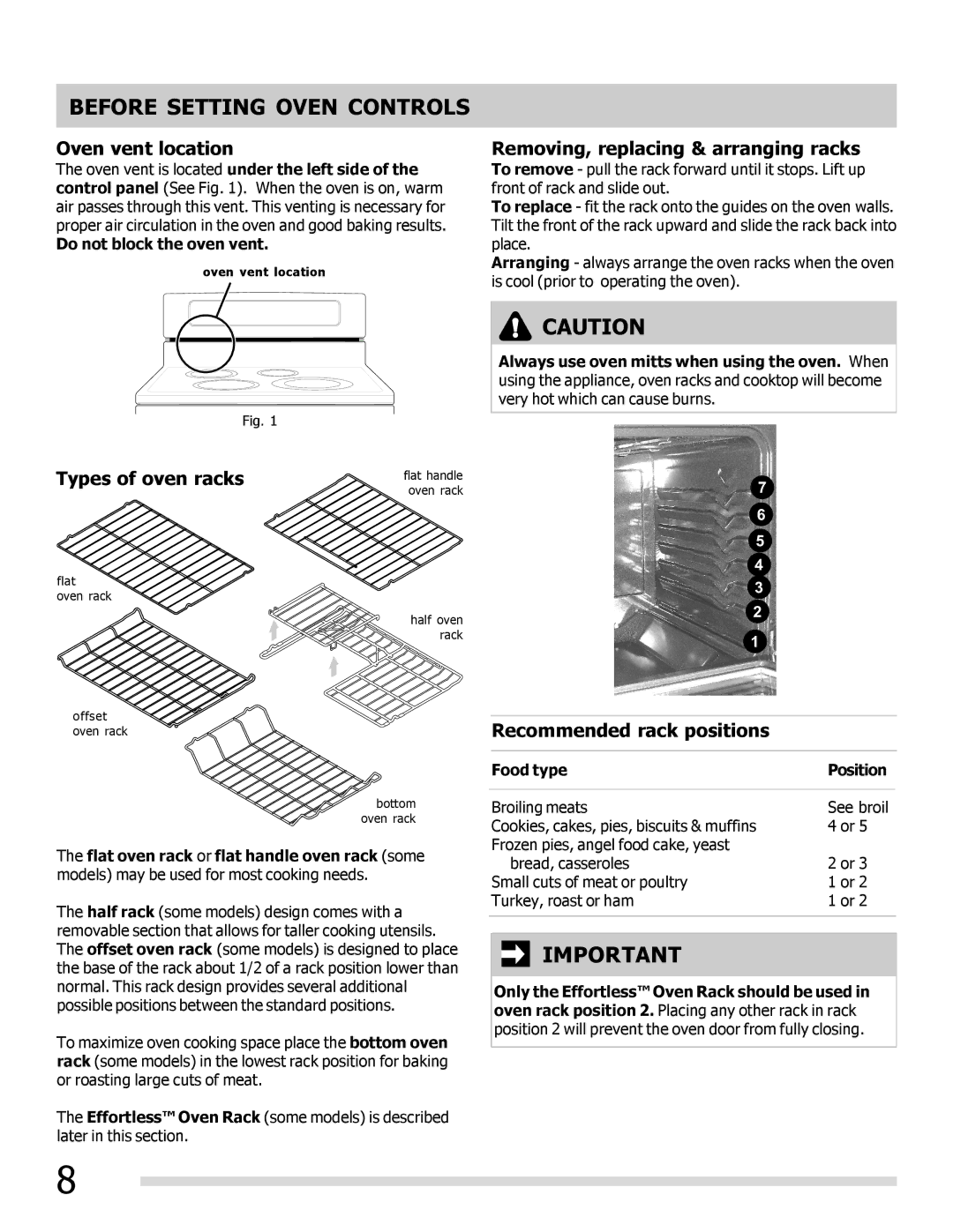 Frigidaire FPIF3093LF Before Setting Oven Controls, Oven vent location, Removing, replacing & arranging racks 