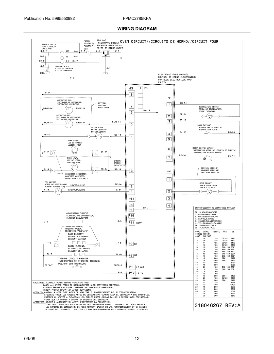 Frigidaire FPMC2785K installation instructions Wiring Diagram 