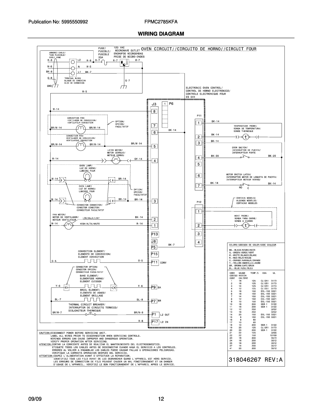Frigidaire FPMC2785K installation instructions Wiring Diagram, 09/09 