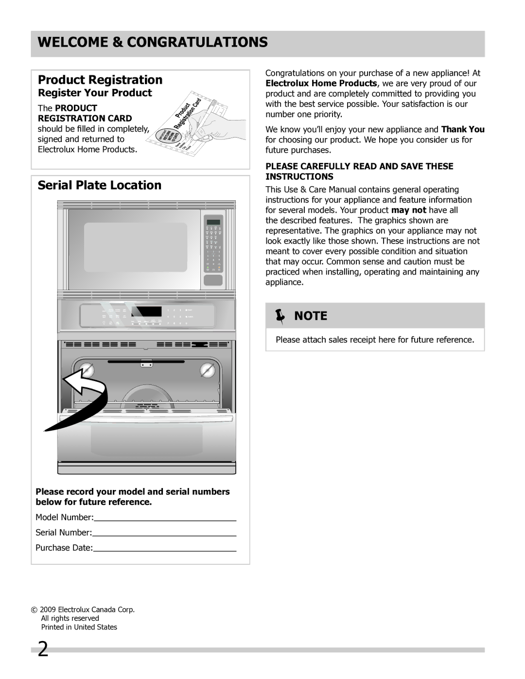 Frigidaire FGMC2765KB Welcome & Congratulations, Register Your Product, Please Carefully read and save these instructions 