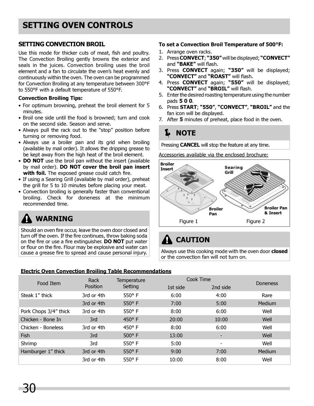 Frigidaire FPMC2785KF Setting Convection Broil, Convection Broiling Tips, To set a Convection Broil Temperature of 500F 