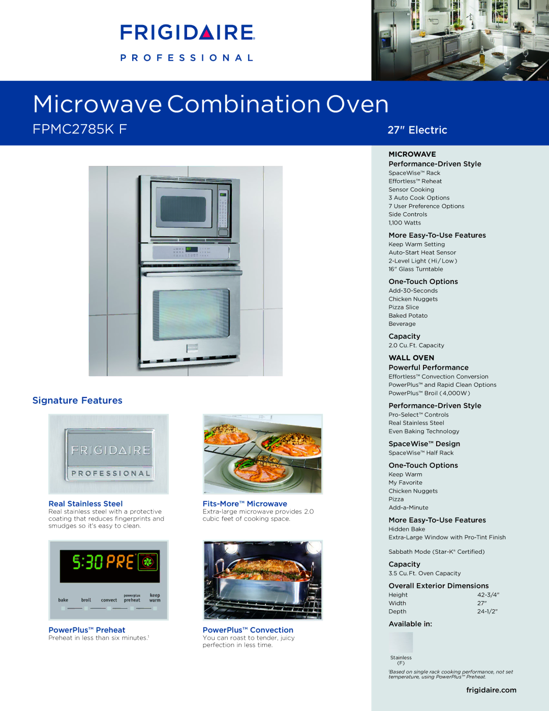 Frigidaire FPMC2785KF dimensions Microwave, Wall Oven 