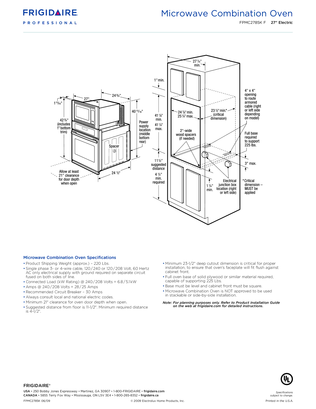 Frigidaire FPMC2785KF dimensions Microwave Combination Oven Specifications 