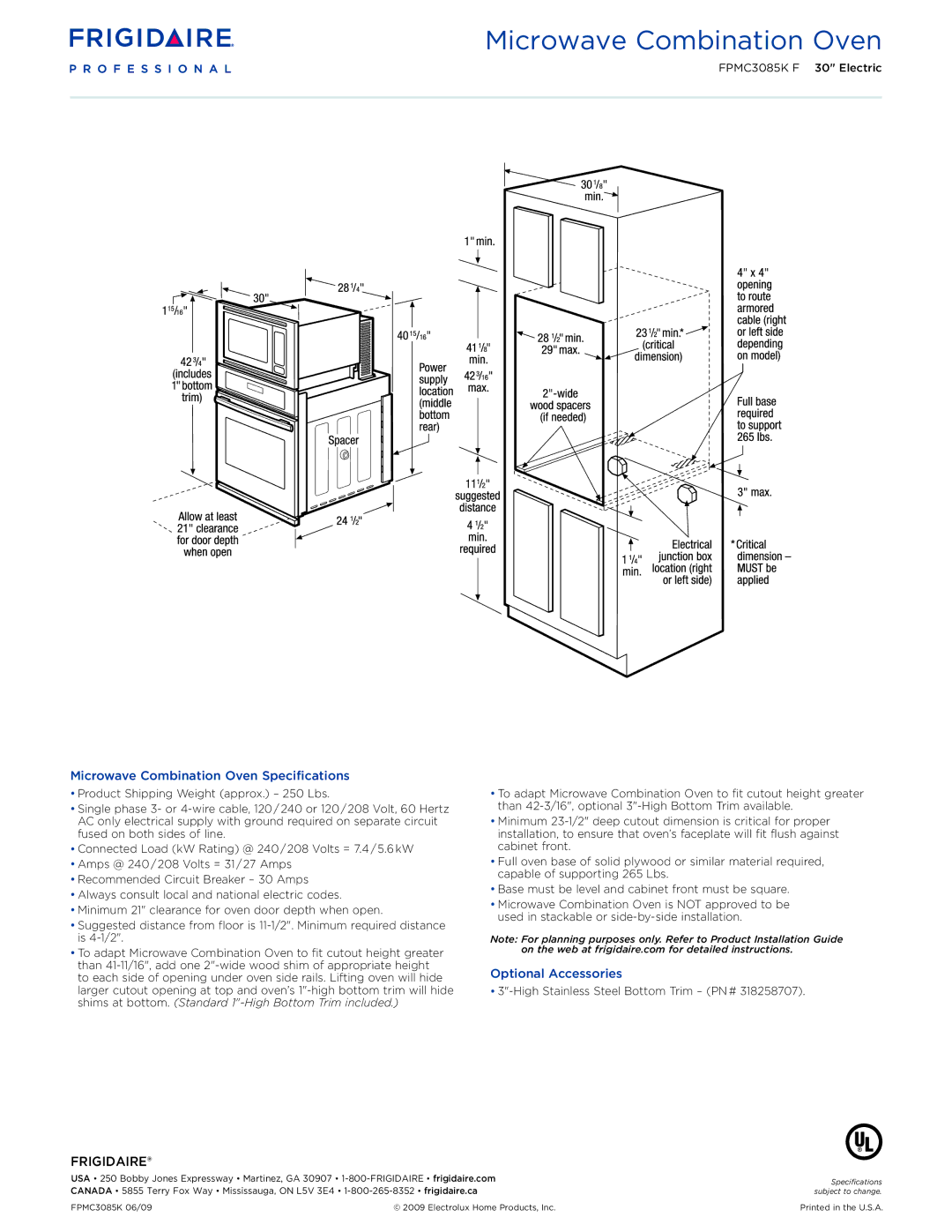 Frigidaire FPMC3085KF dimensions Microwave Combination Oven Specifications, Optional Accessories 