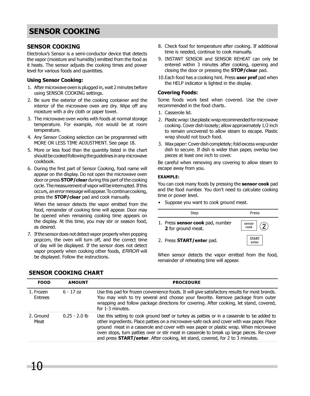 Frigidaire CGMO205kF, FPMO209, CPMO209 Sensor cooking, Sensor Cooking Chart, Using Sensor Cooking, Covering Foods 