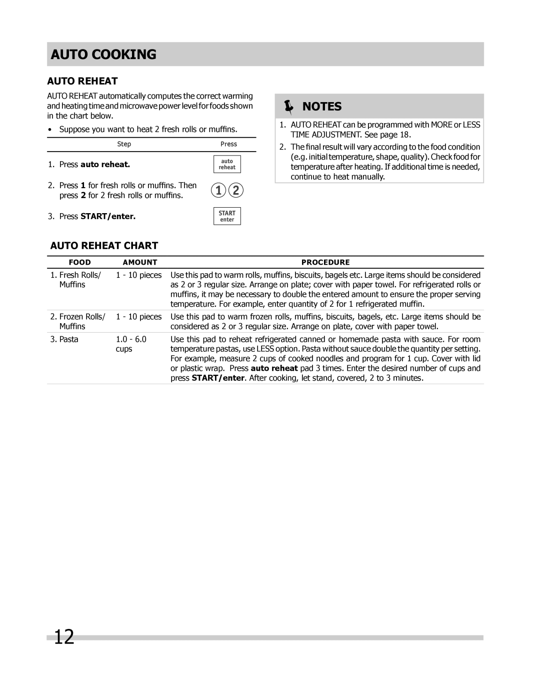 Frigidaire FGMO205, FPMO209, CPMO209, CGMO205 Auto cooking, Auto Reheat Chart, Press auto reheat, Press START/enter 