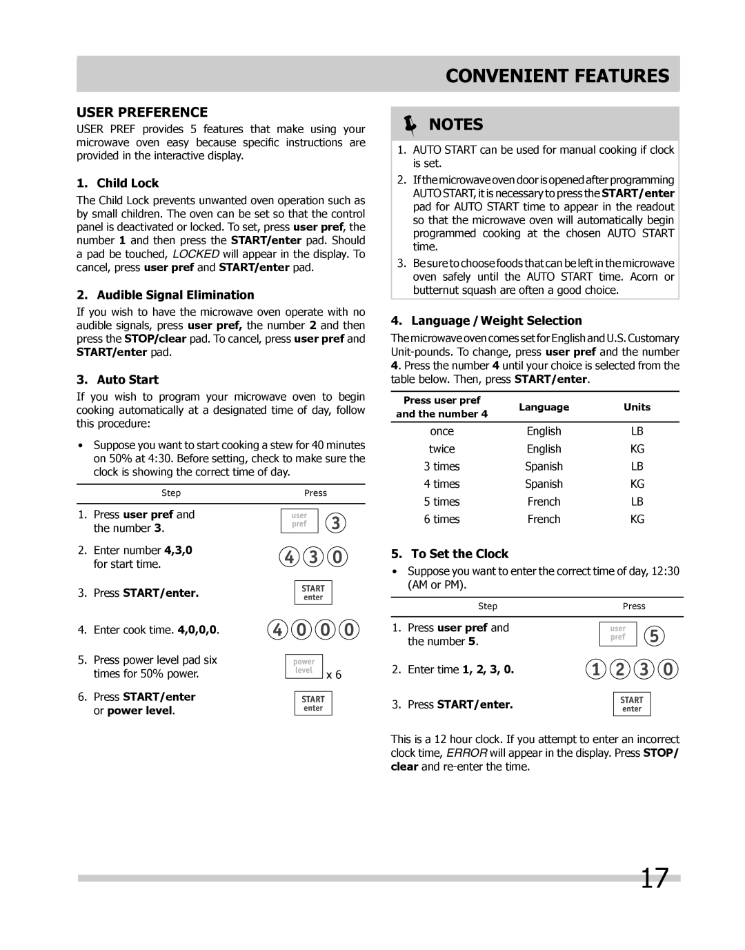 Frigidaire CGMO205kF, FPMO209, CPMO209kF, FGMO205, 316495059 Convenient Features, User Preference 