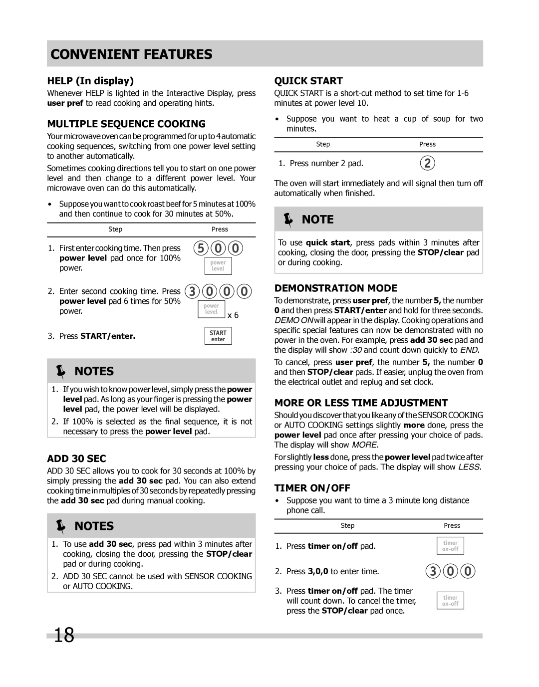 Frigidaire CPMO209kF, FPMO209 Multiple Sequence Cooking, Demonstration Mode, More or Less Time Adjustment, Timer ON/OFF 