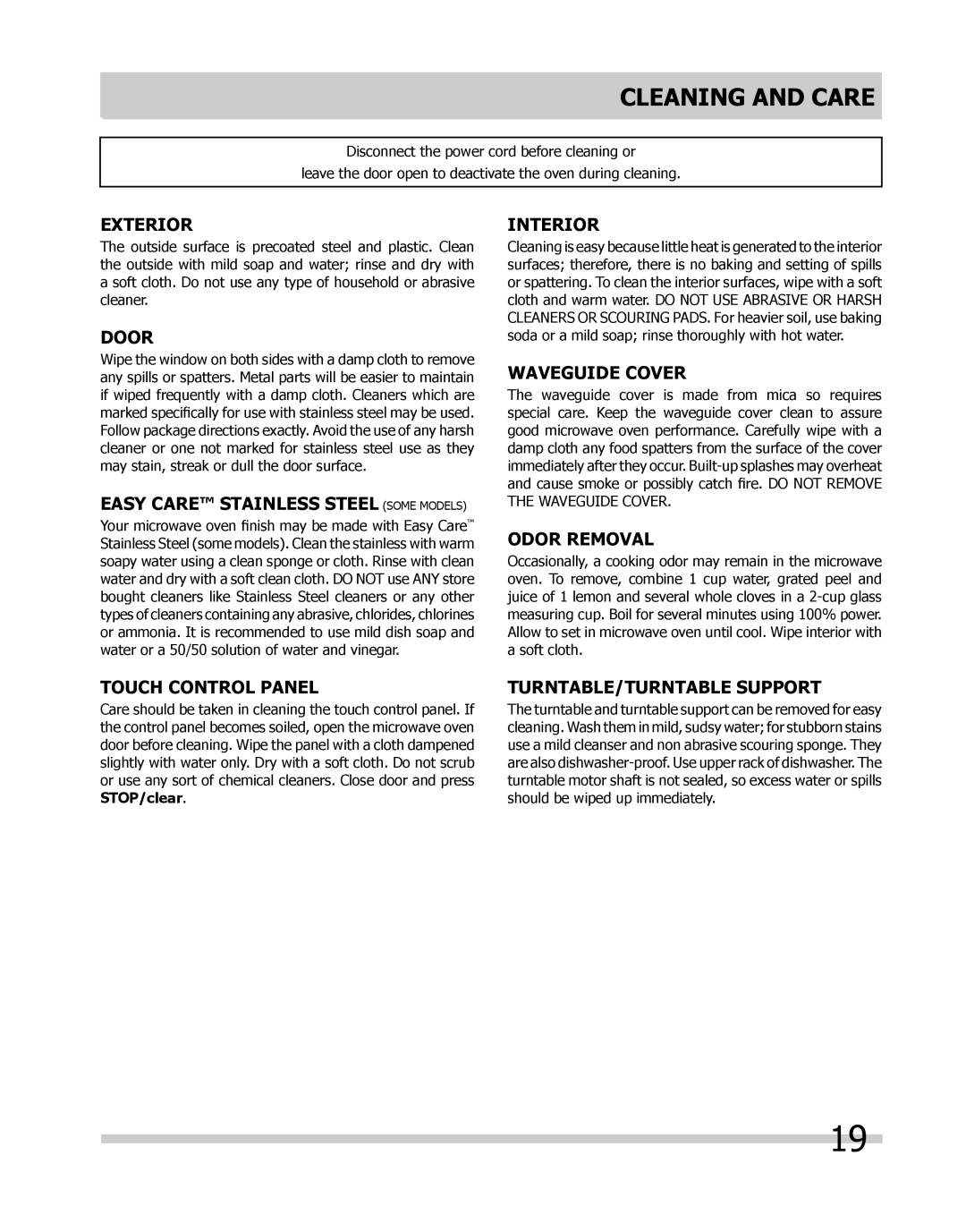 Frigidaire FGMO205, FPMO209, CGMO205kF, CPMO209kF, 316495059 important safety instructions Cleaning and Care 