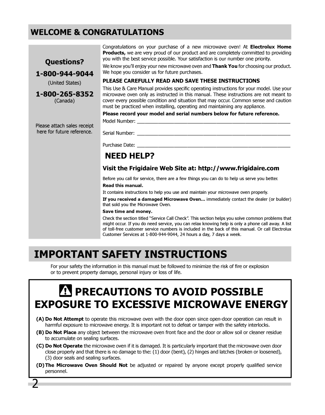 Frigidaire CGMO205, FPMO209 Please Carefully read and save these instructions, Model Number Serial Number Purchase Date 