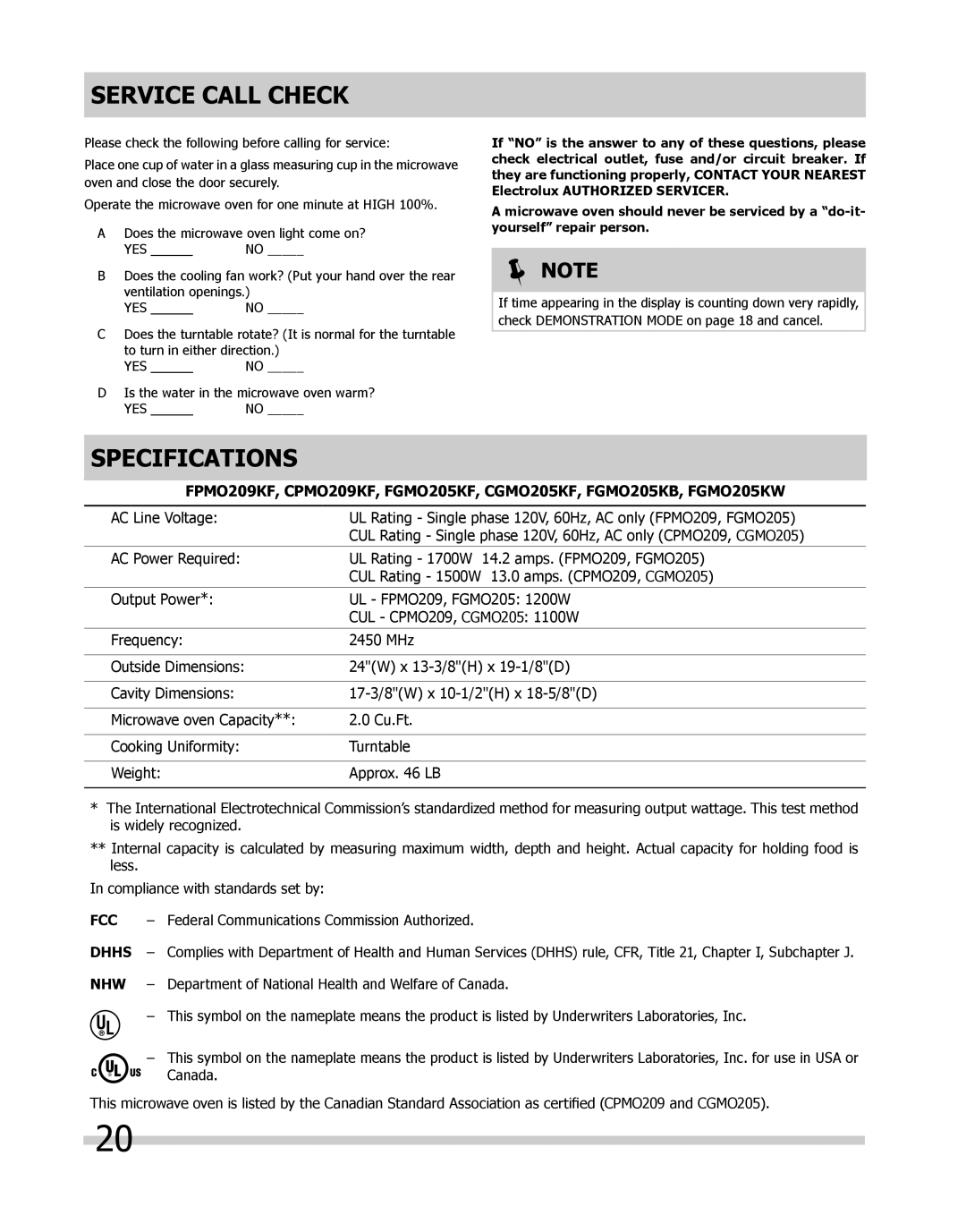 Frigidaire 316495059, FPMO209, CPMO209 Service Call Check, Specifications, Federal Communications Commission Authorized 