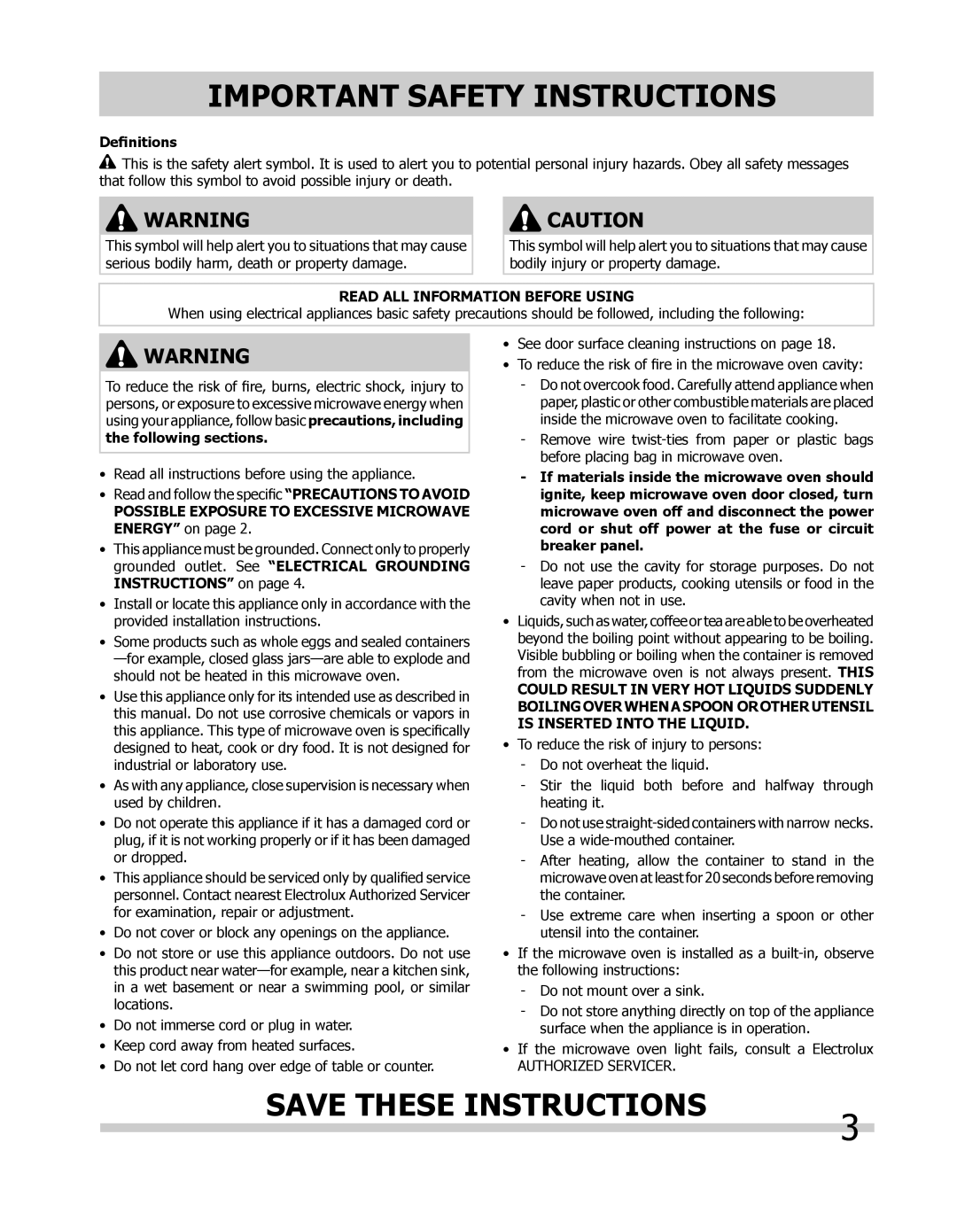 Frigidaire CGMO205kF, FPMO209, CPMO209kF, FGMO205 Definitions, Possible Exposure to Excessive Microwave Energy on 