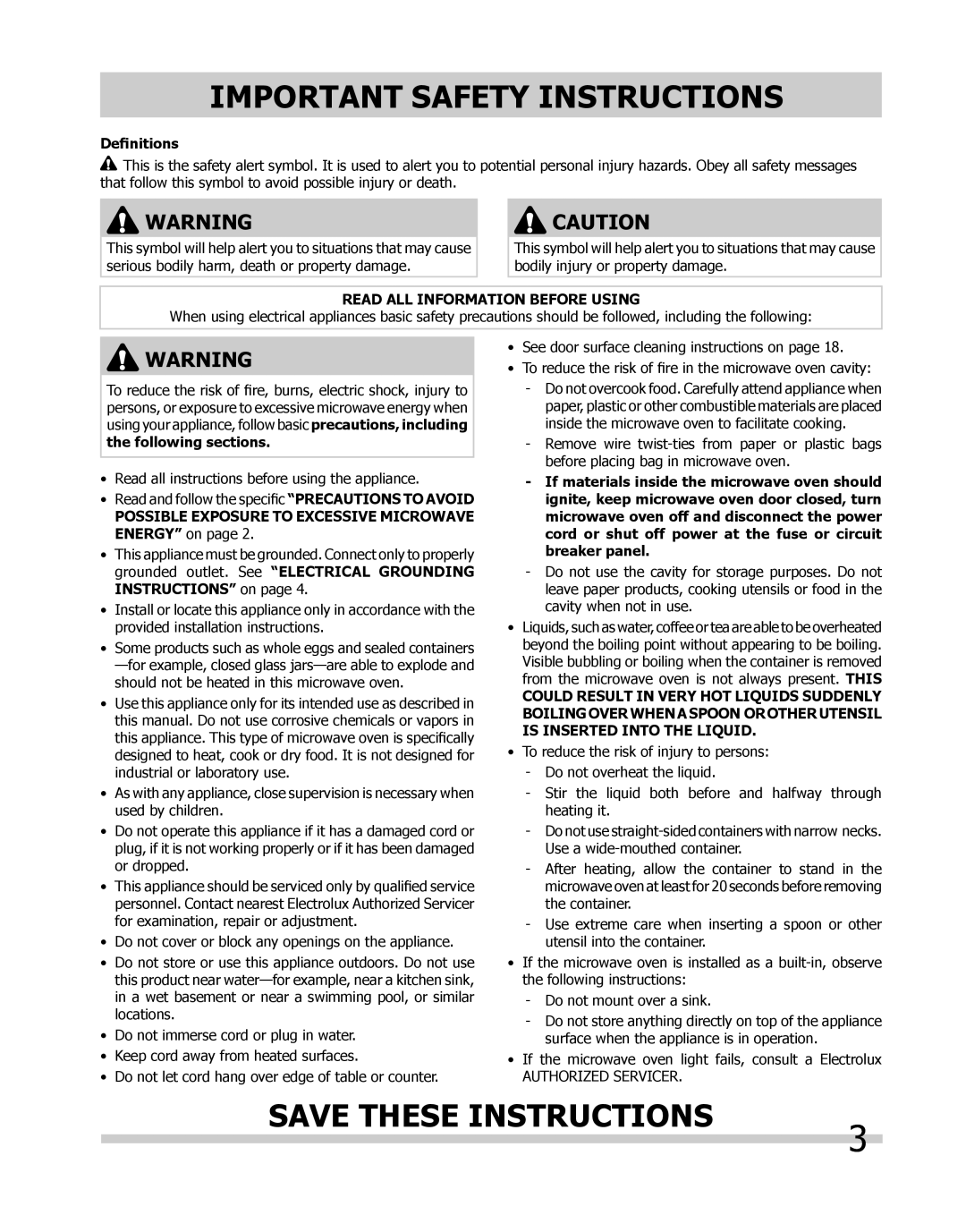 Frigidaire CGMO205kF, FPMO209, CPMO209kF, FGMO205 Important Safety Instructions, Save These Instructions, Definitions 