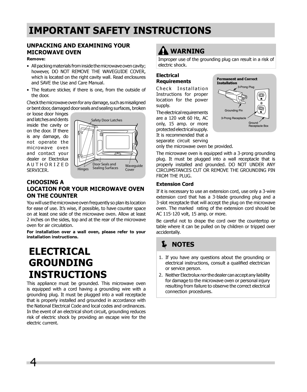 Frigidaire CPMO209kF, FPMO209 Electrical GROUNDING INSTRUCTIONS,  Notes, Unpacking and Examining Your Microwave oven 