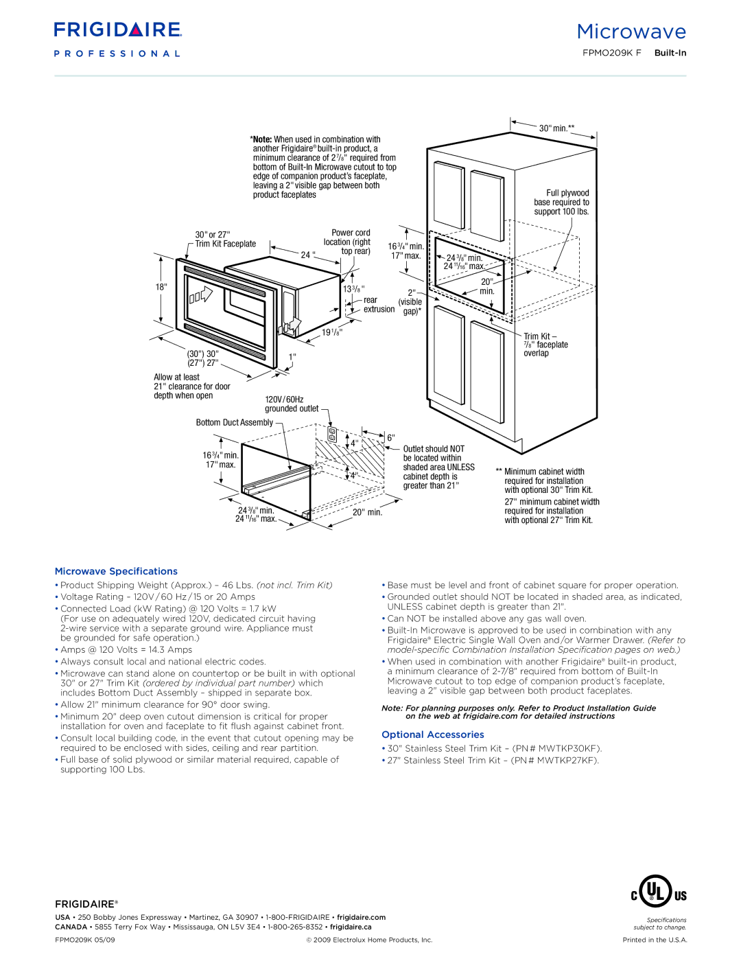 Frigidaire FPMO209KF dimensions Microwave Specifications, Optional Accessories 