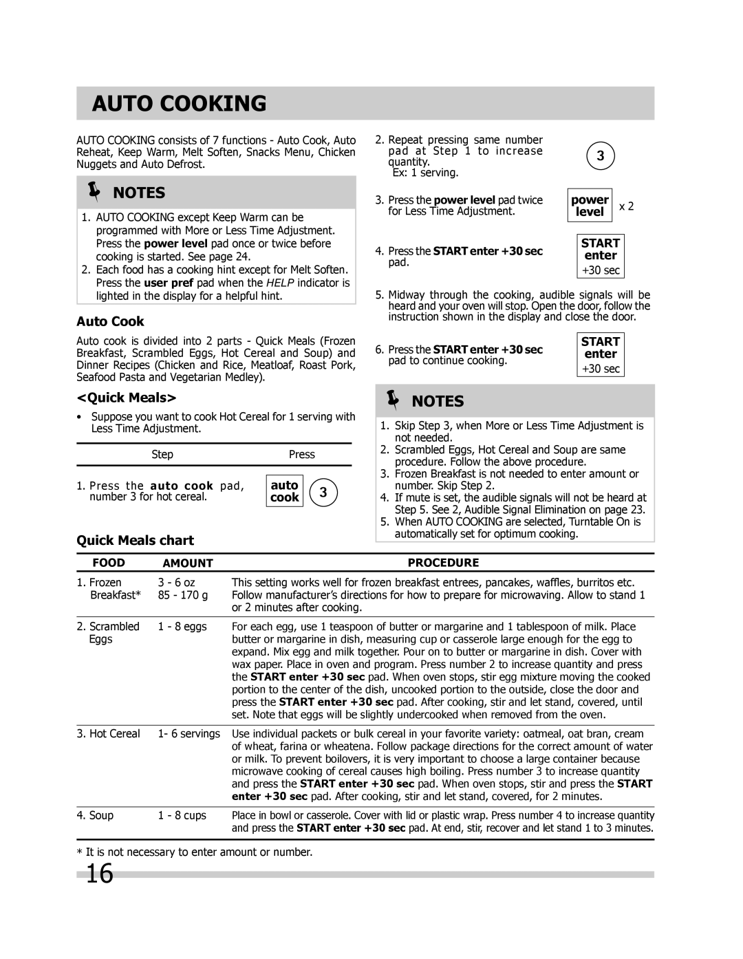 Frigidaire FPMV189KF, FGMV205KF, FGMV205KW, FGMV205KB important safety instructions Auto Cooking, Quick Meals chart 